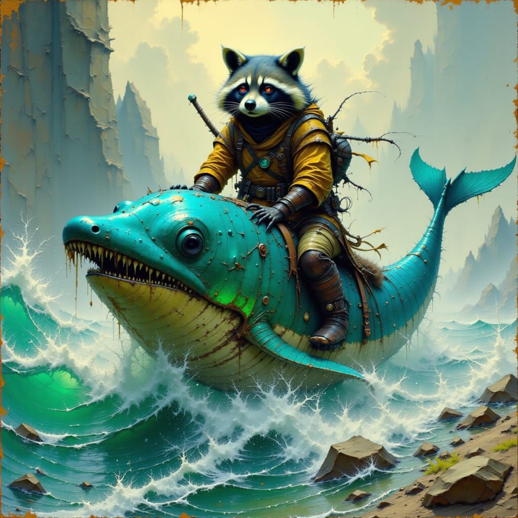 Armored Raccoon on Narwhal in Eerie Battle Scene