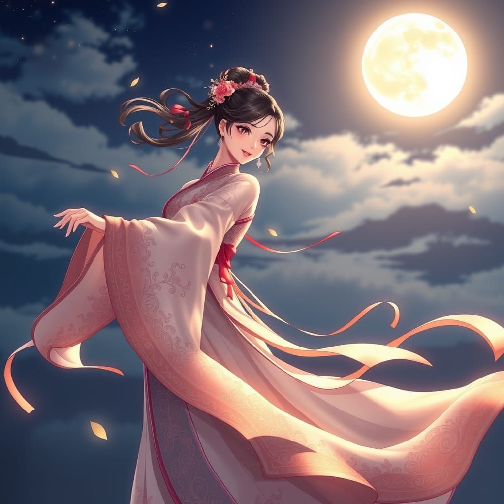 Tang Dynasty Dancer Under Luminous Moonlit Sky