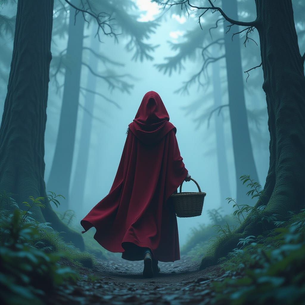 Crimson Hood in Misty Forest, Cinematic Lighting