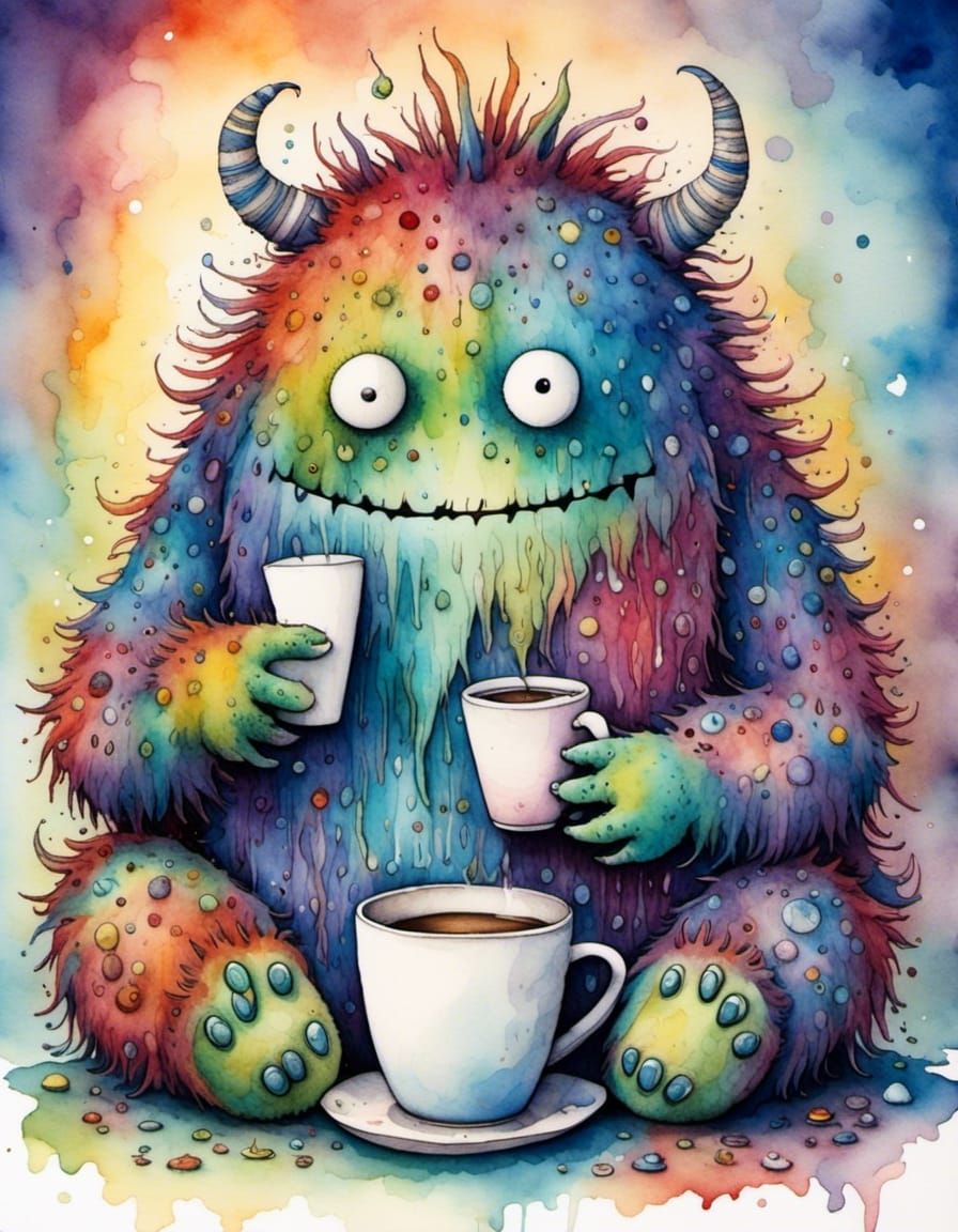 Sleepy Monster Awakens with Coffee: Watercolor and Ink