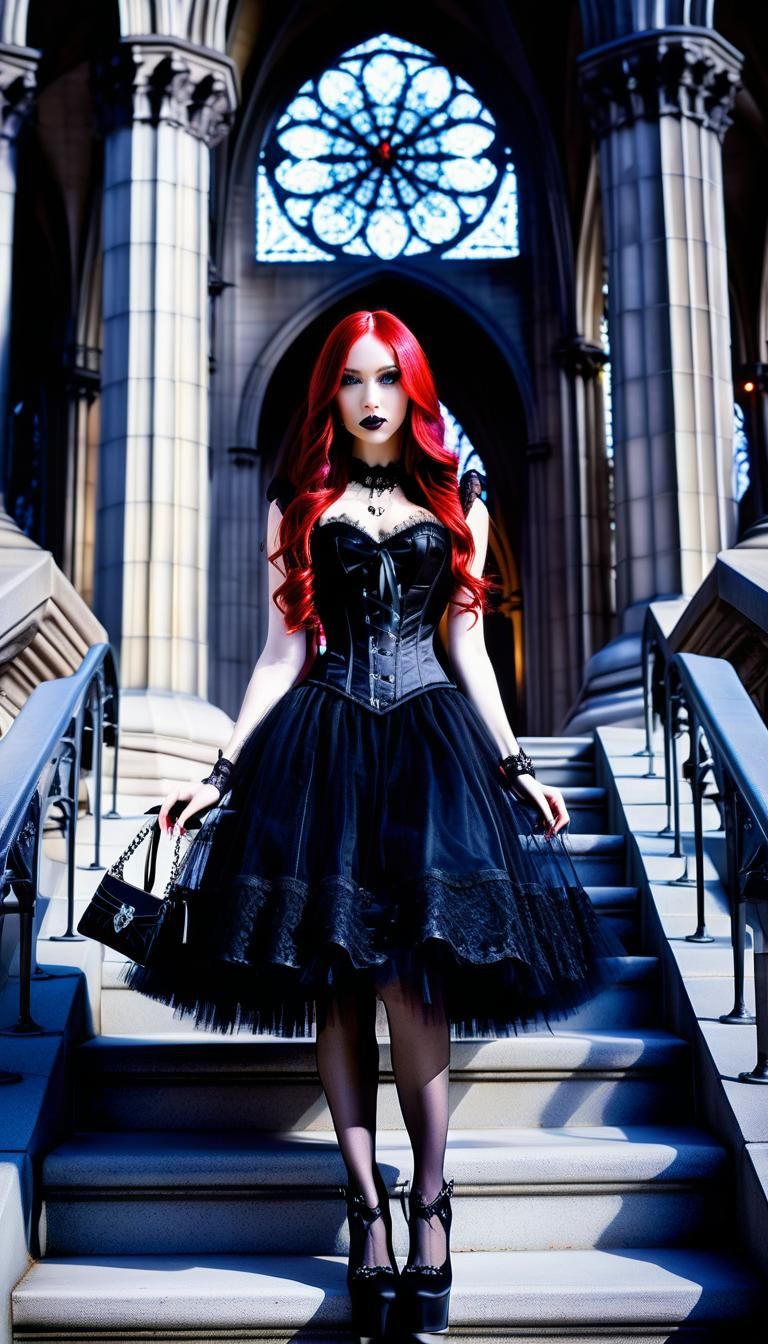 Gothic Harajuku Girl in Cathedral, Carne Griffith Style