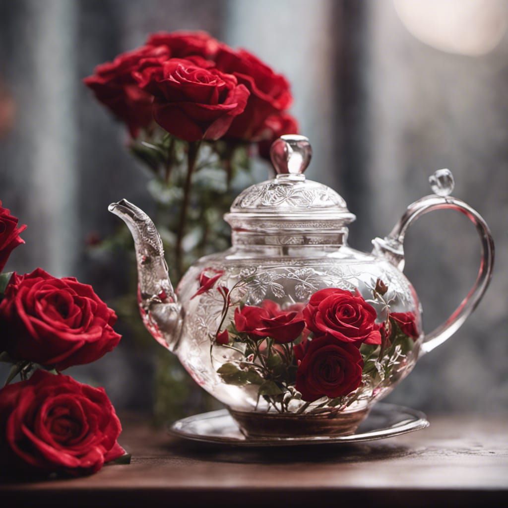 Elegant and beautiful transparent teapot, with red roses.