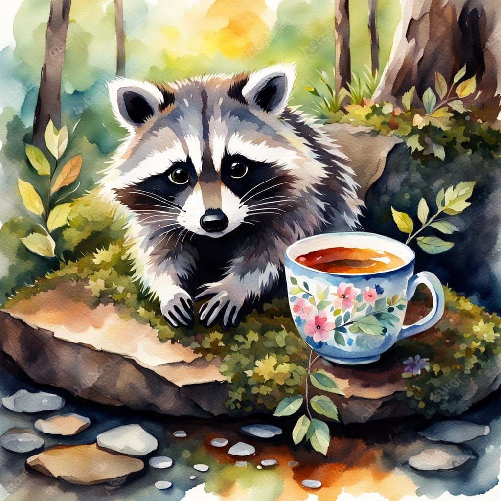 Whimsical Raccoon with Teacup in Watercolor Style
