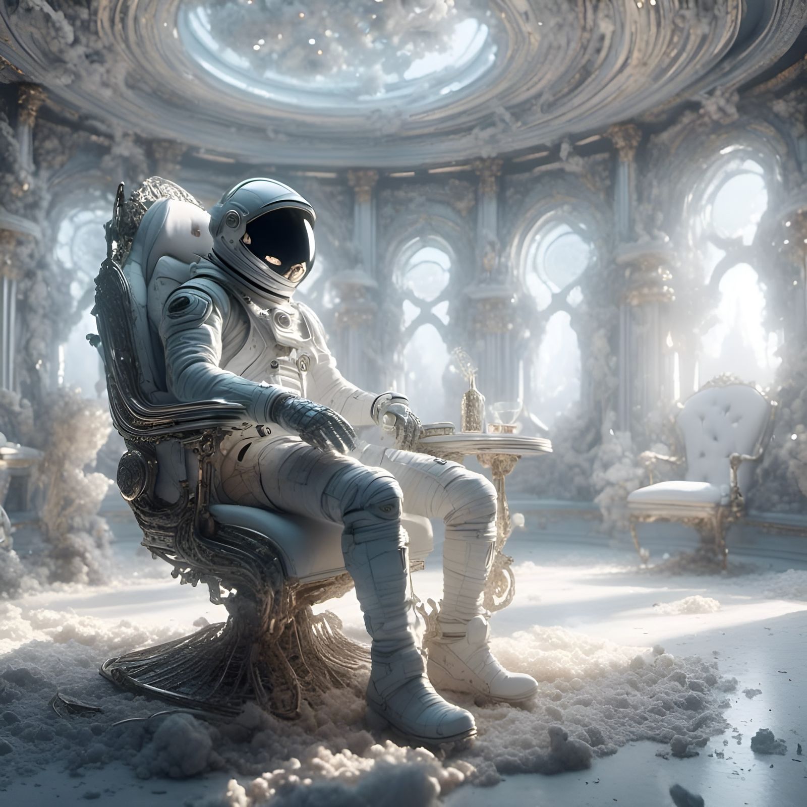 Photorealistic Spaceman in Gothic White Space Room