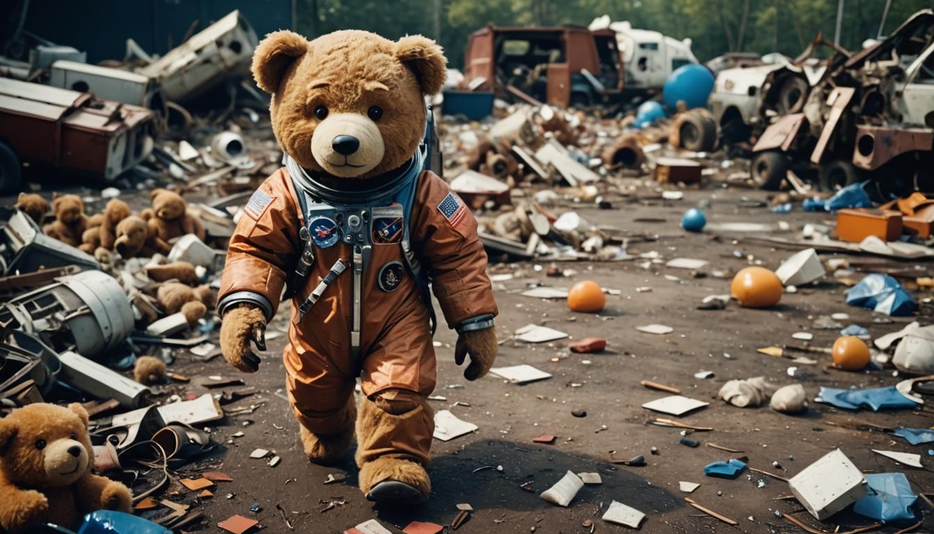Teddy Bear Astronaut in Junkyard, Cinematic Film Still