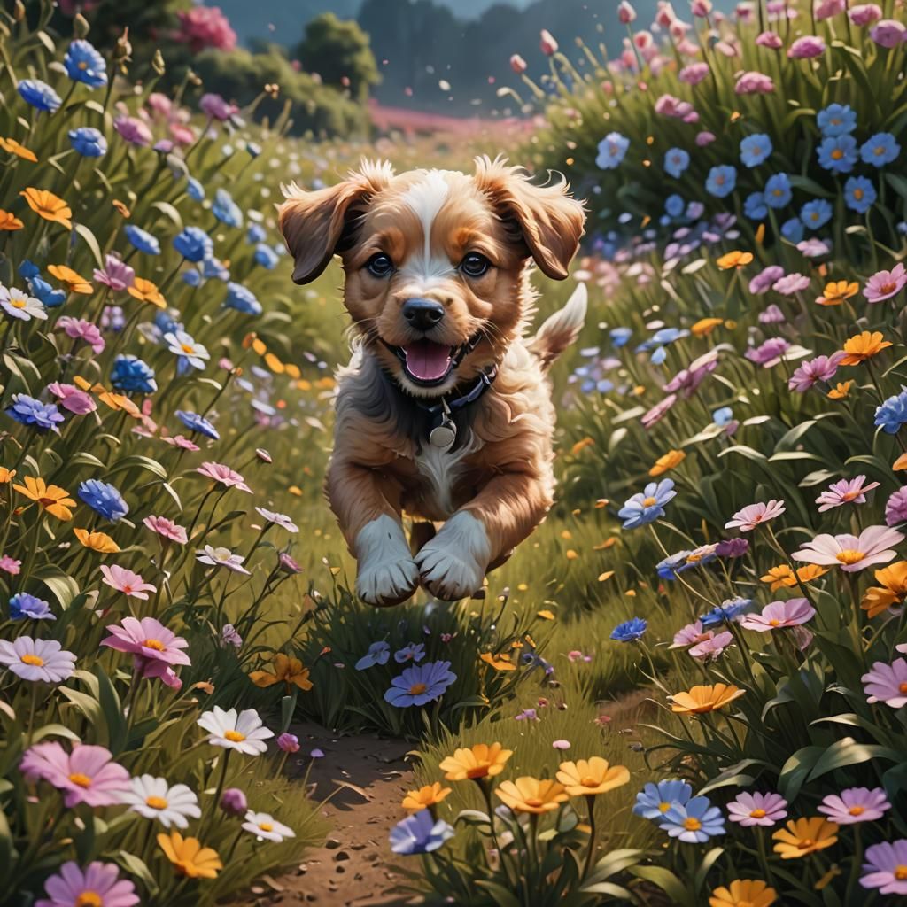 Cute Puppy Runs Through Flower Field: Fantasy Concept Art