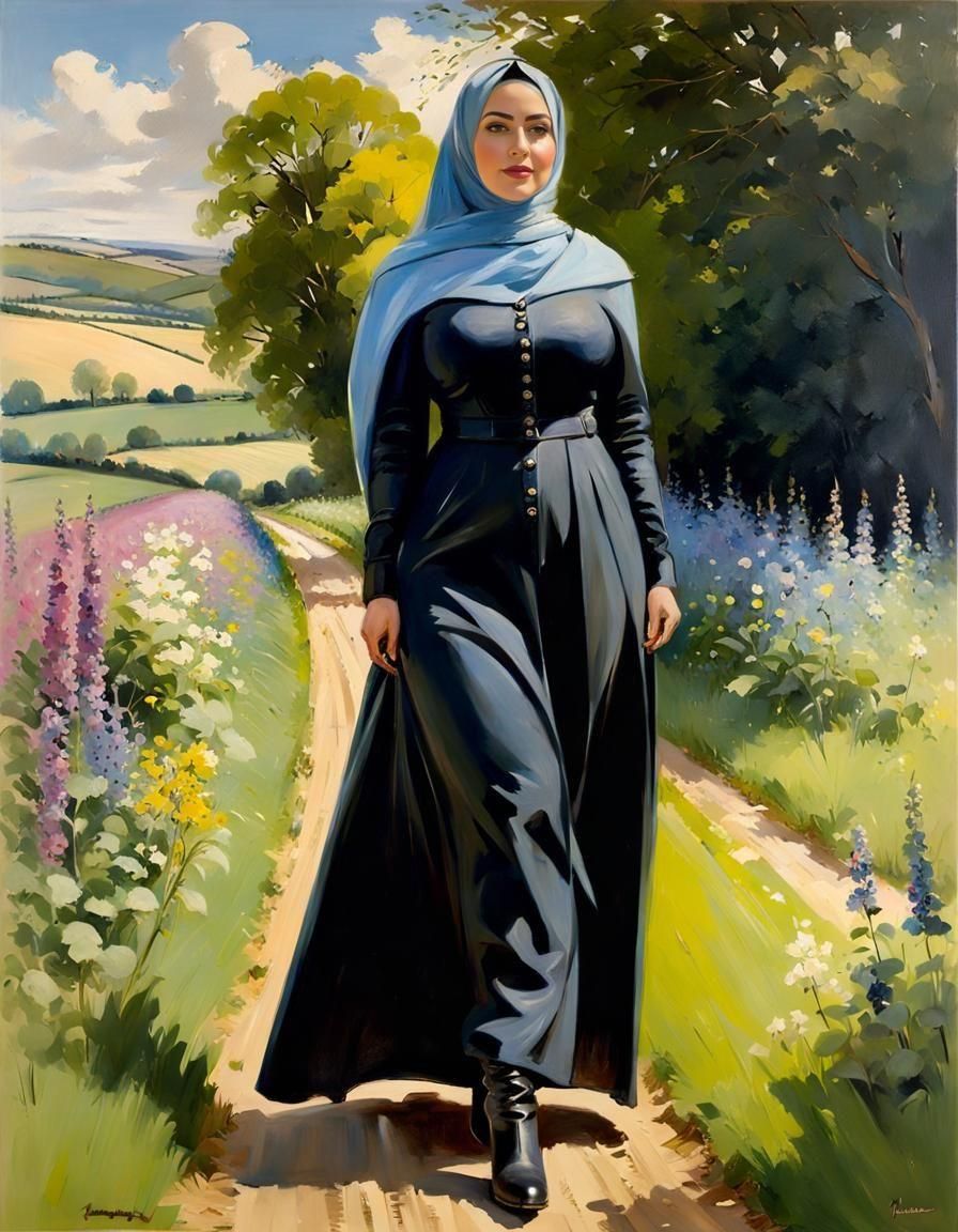 Curvy Woman in Hijab and Denim Gown Painting