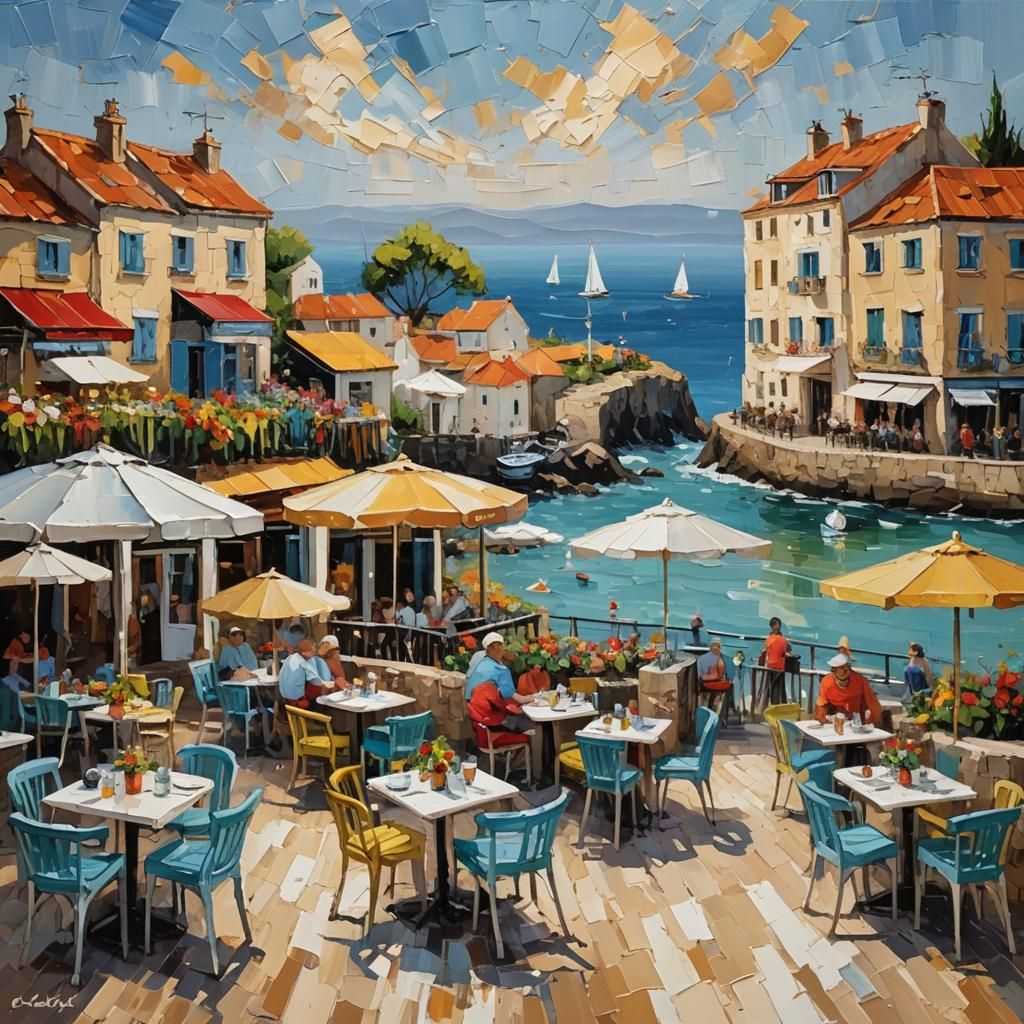 Coastal Cafe in Impasto Style with Palette Knife