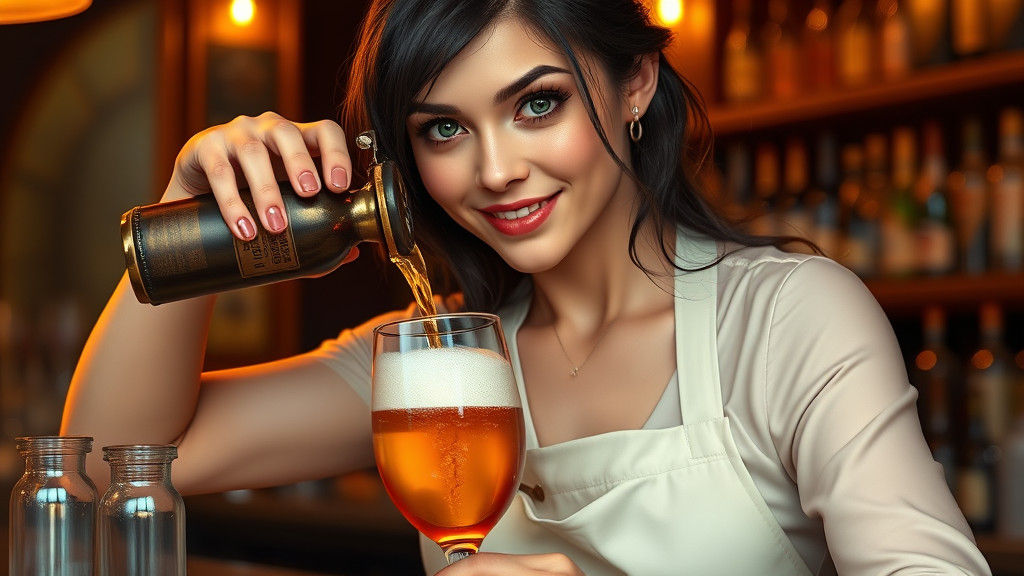 Ravishing Bartender Pouring Golden Beer: Oil Painting Style