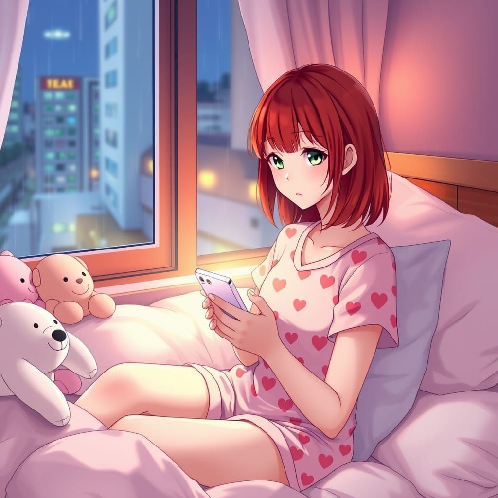 Petite Japanese Woman in Pastel Pajamas Amidst a Soothing To...