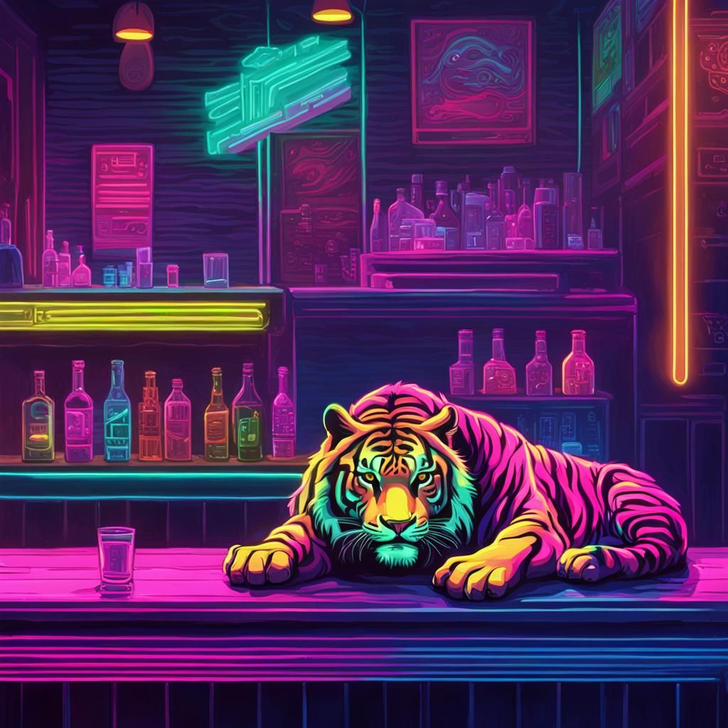 Neon Tiger Sleeping in Cyberpunk Bar