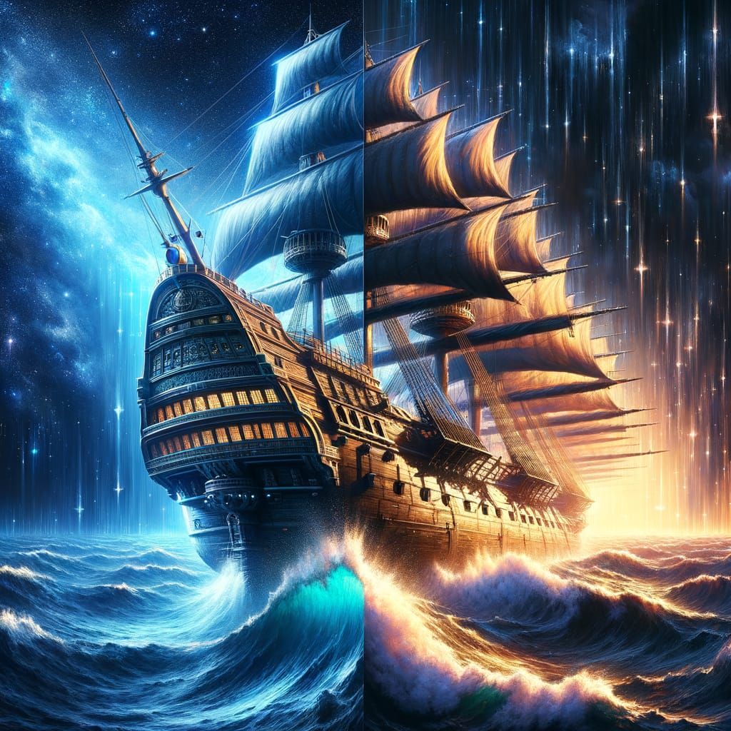 Futuristic Ship Meets Ancient Galleon in Romantic Oil