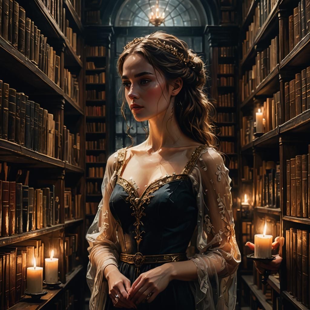 Princess Browsing Ancient Library at Night