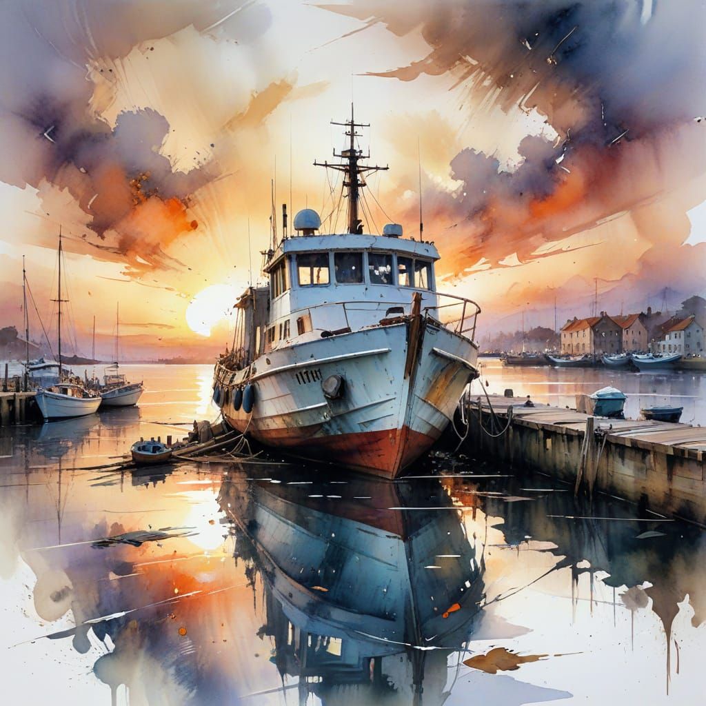 Ethereal Sunset Vessel in Watercolour Style