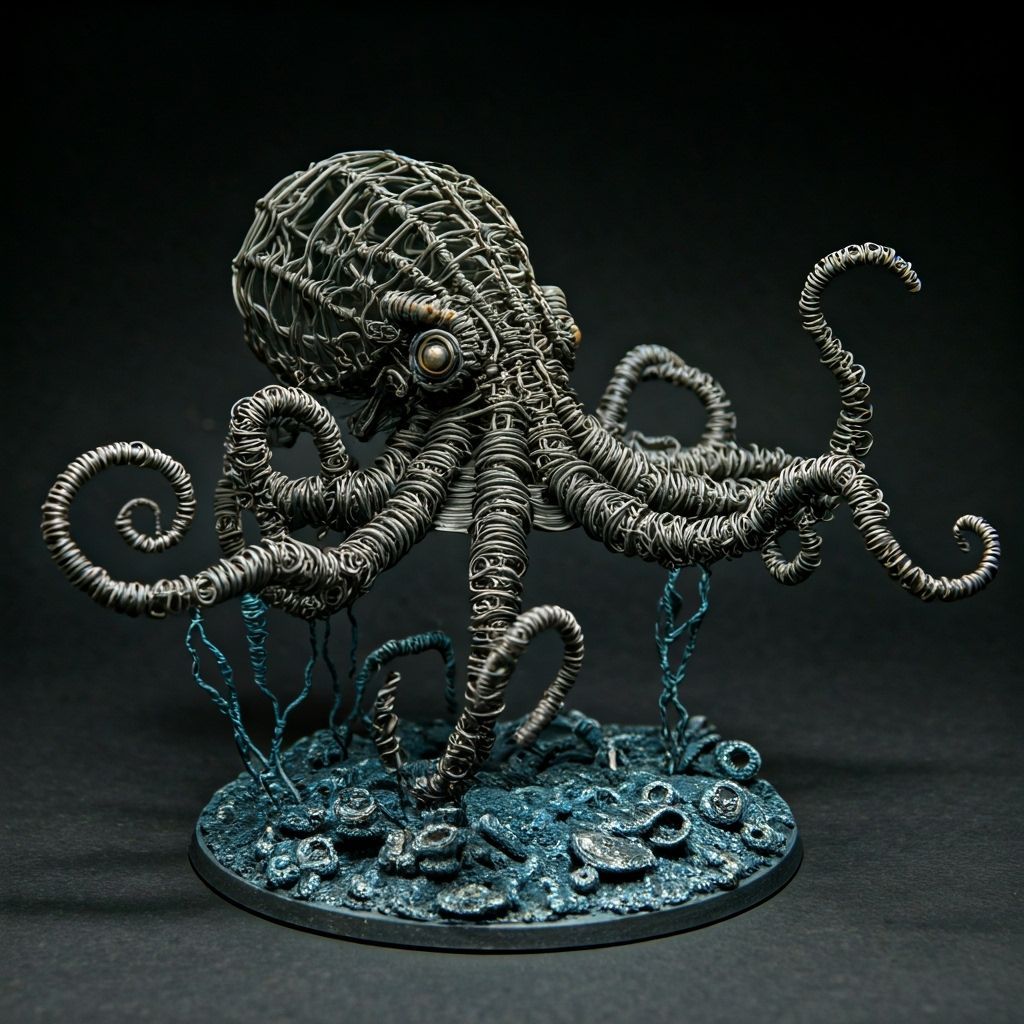 Iron Wire Kraken Sculpture in Biomechanical Style