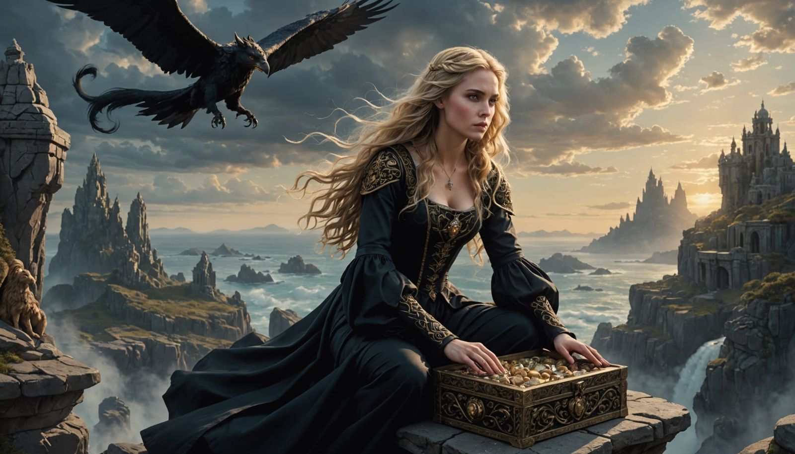 Mysterious Woman on Rocky Outcrop, Pandora's Box in Focus