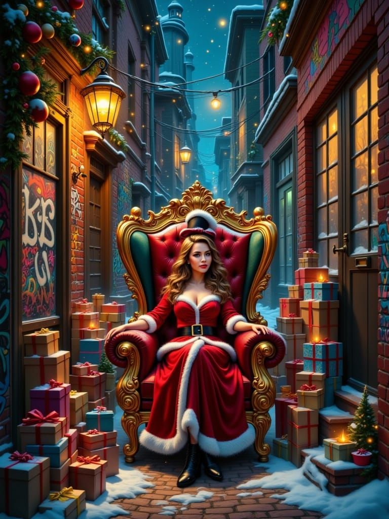 Santa in Graffiti Alley With Snow and Presents