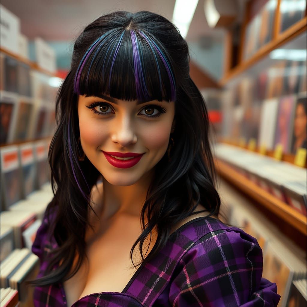 Punk Rock Woman in Purple Gown at Record Store