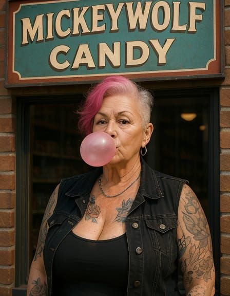 Punk Pink Haired Woman at Candy Store: Pixar Style