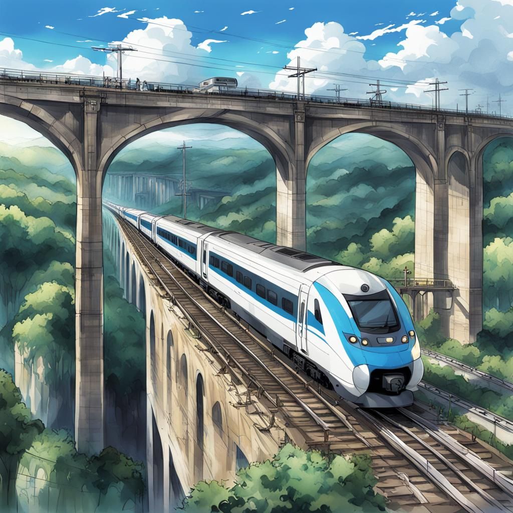Intercity Train on Viaduct: Anime Key Visual Art