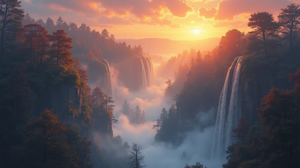 Mythological Landscape Matte Painting with Ethereal Waterfal...
