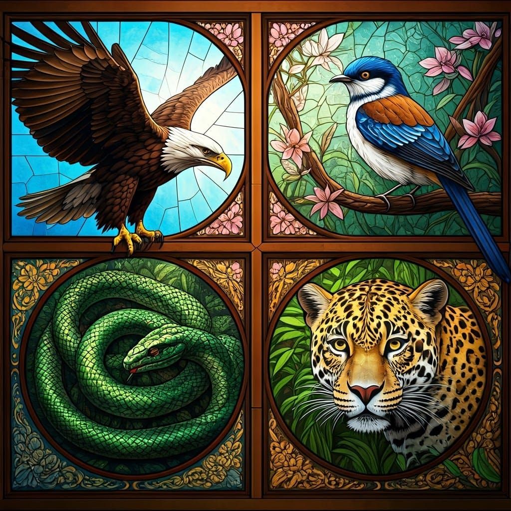 Ornate Stained Glass Window with Animals in Art Nouveau Styl...