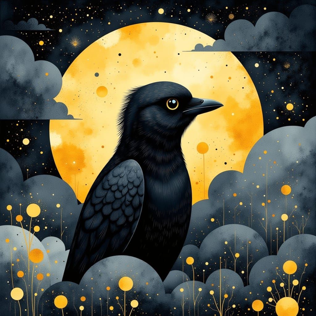 Cute Crow and Moon in Whimsical Style