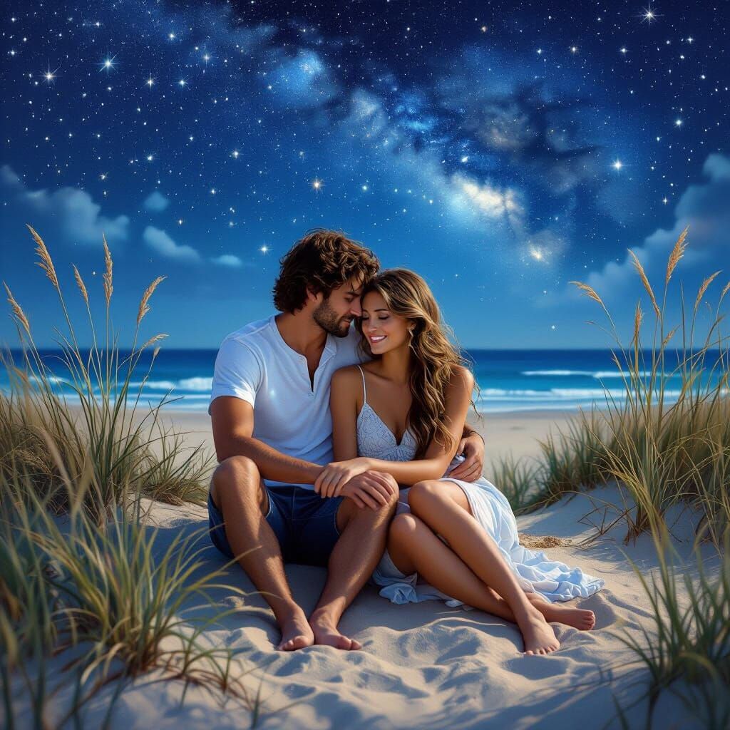 Romantic Beach Embrace Under Starry Sky
