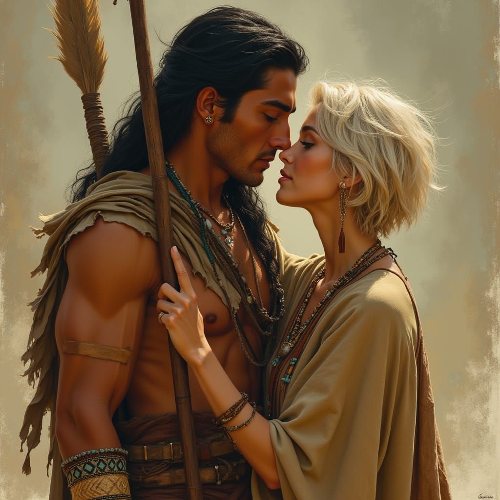 Romantic Moment Between Native American Warrior and Earthy B...