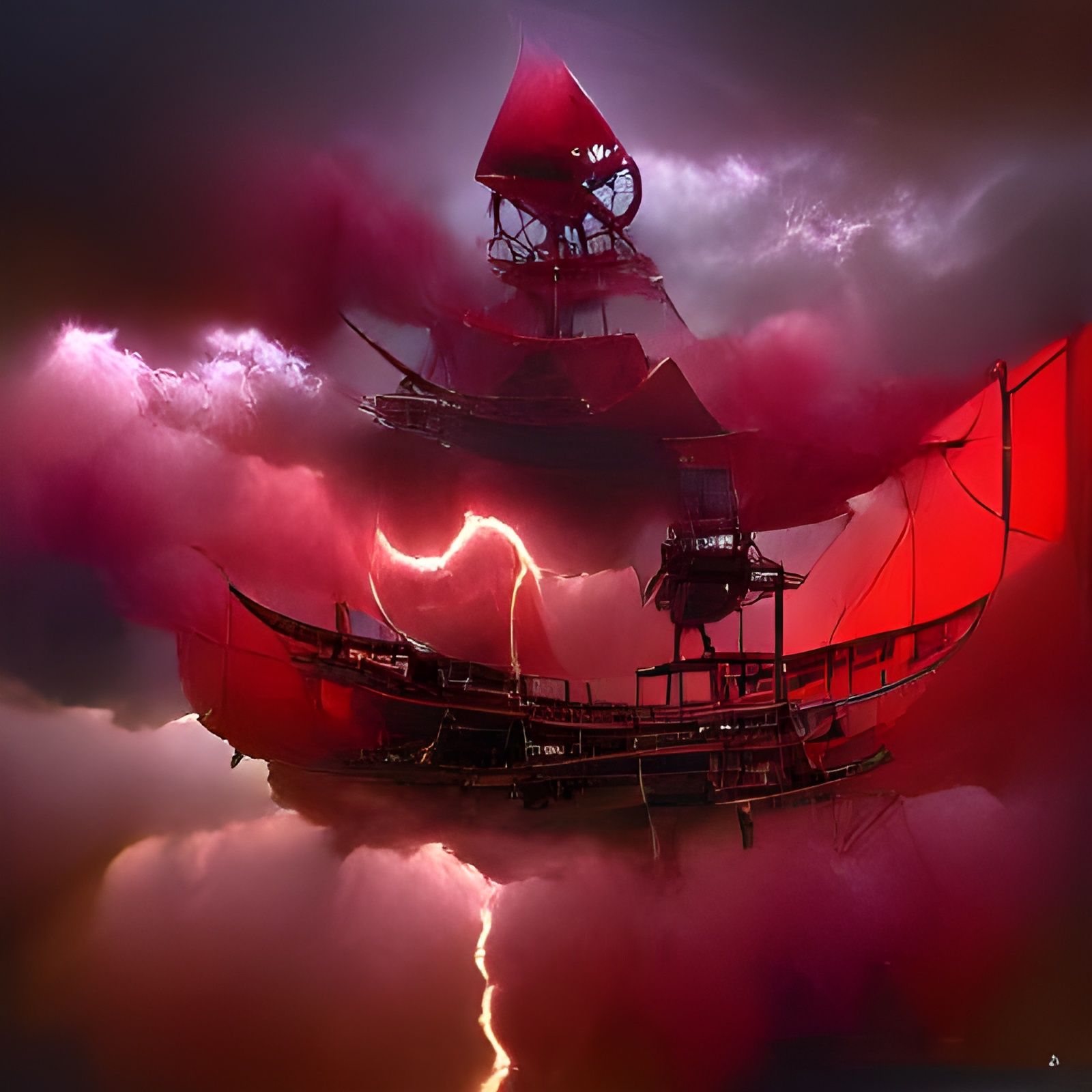 Evil Pirate Ship in Red Lightning Storm