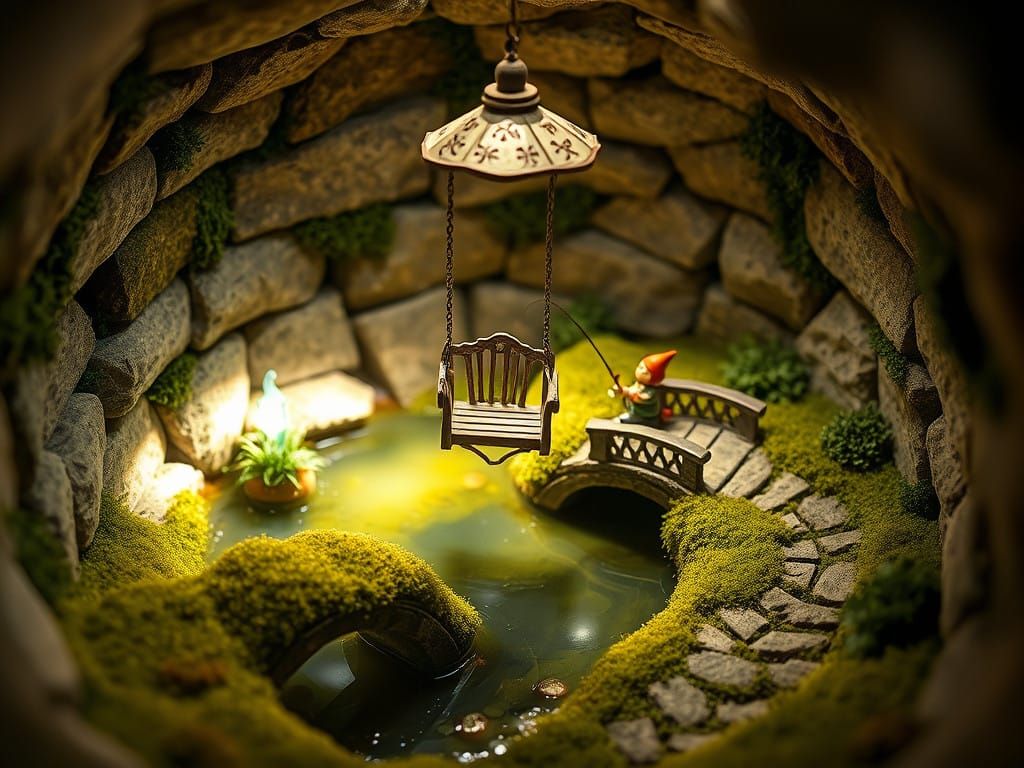 Whimsical Garden Scene at the Bottom of a Well in Soft Light