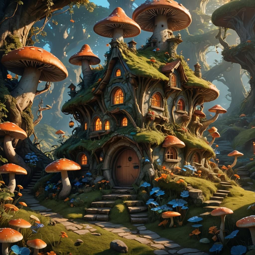 Enchanted Fairy Mushroom House in Fantasy Landscape