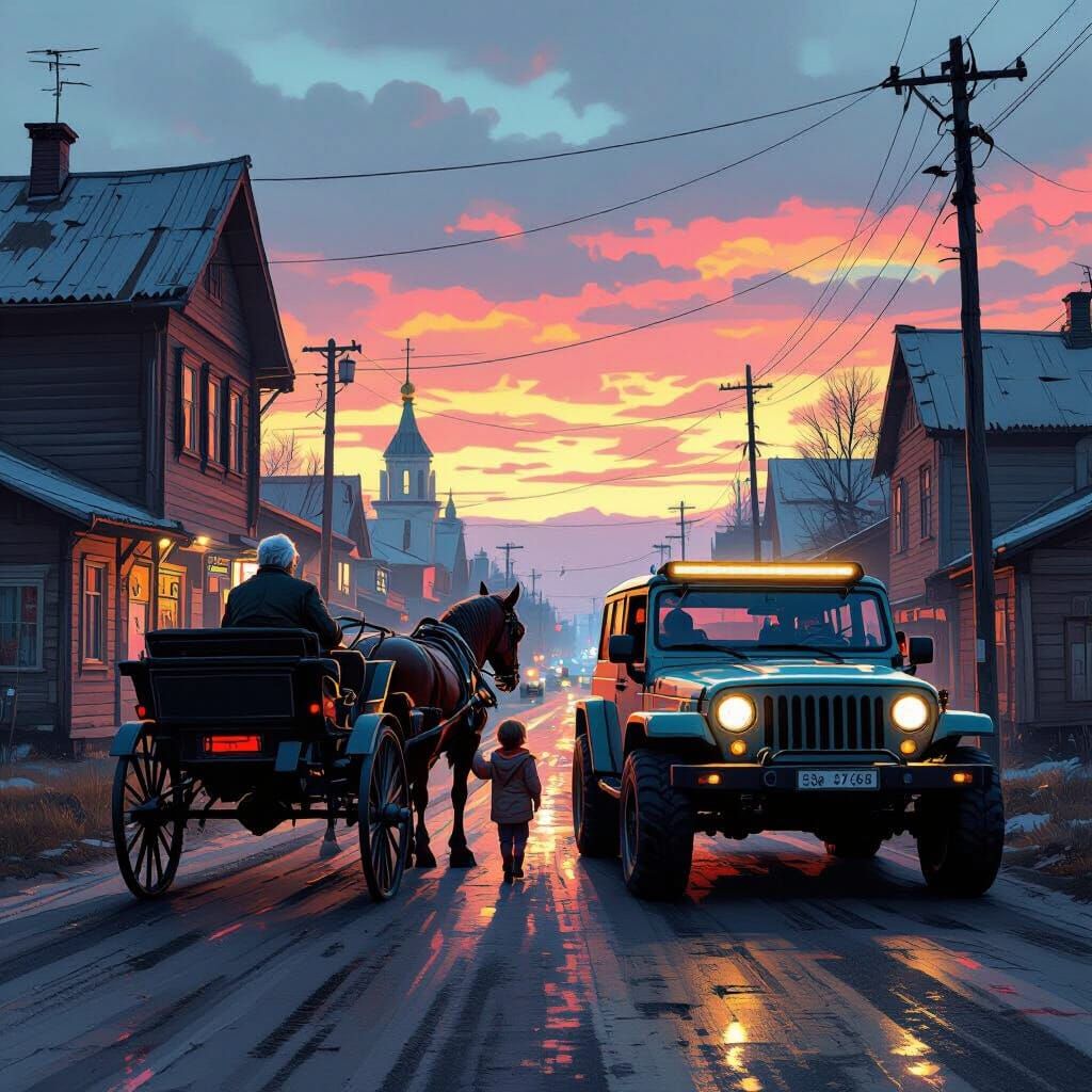 Russian Village Street in Cyberpunk 2099 Style