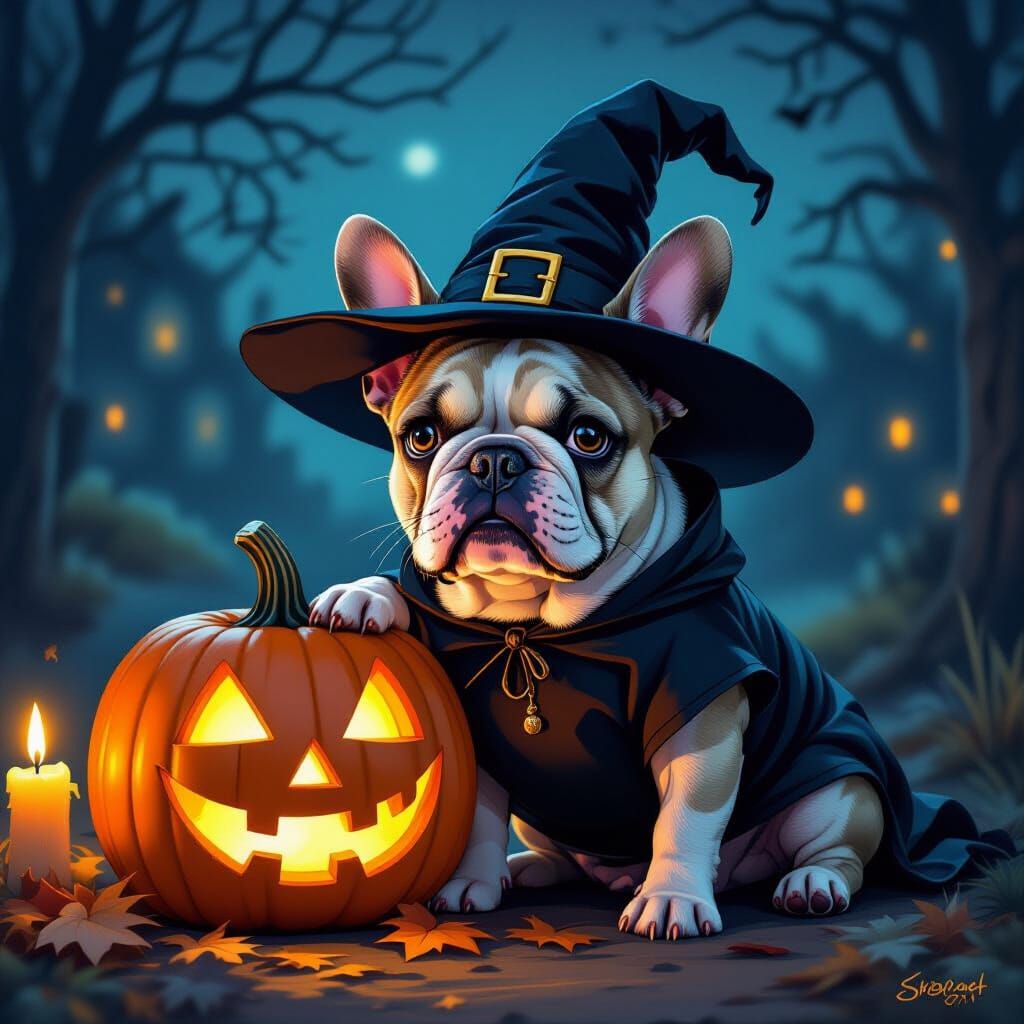 Cute Witch French Bulldog with Pumpkin on Halloween Night