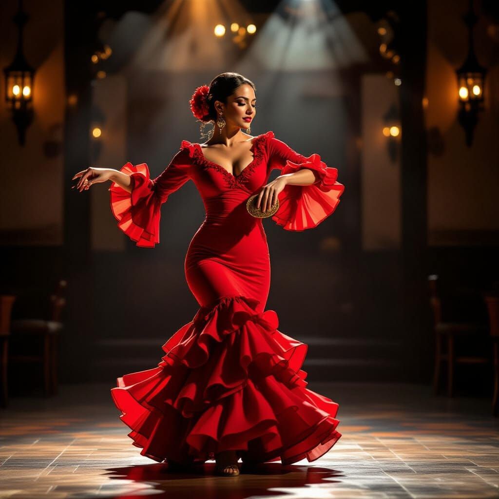 Passionate Spanish Flamenco Dancer in Red Dress
