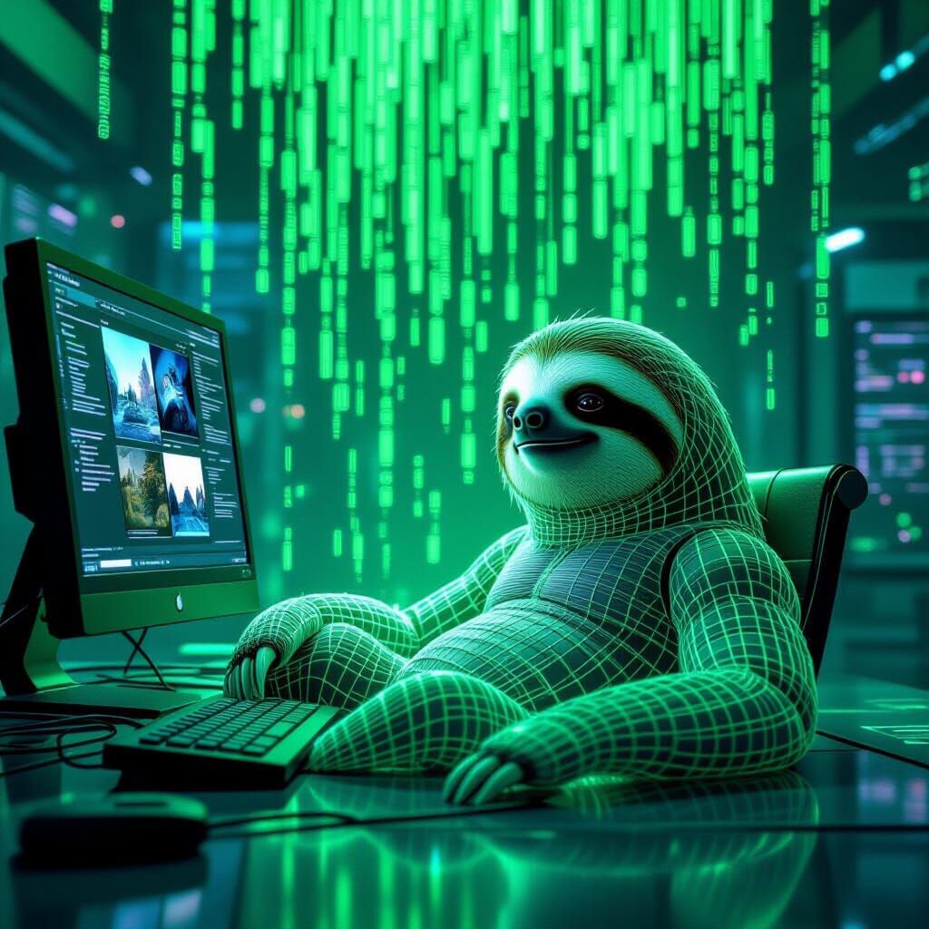 Cyberpunk Sloth in Futuristic Workspace