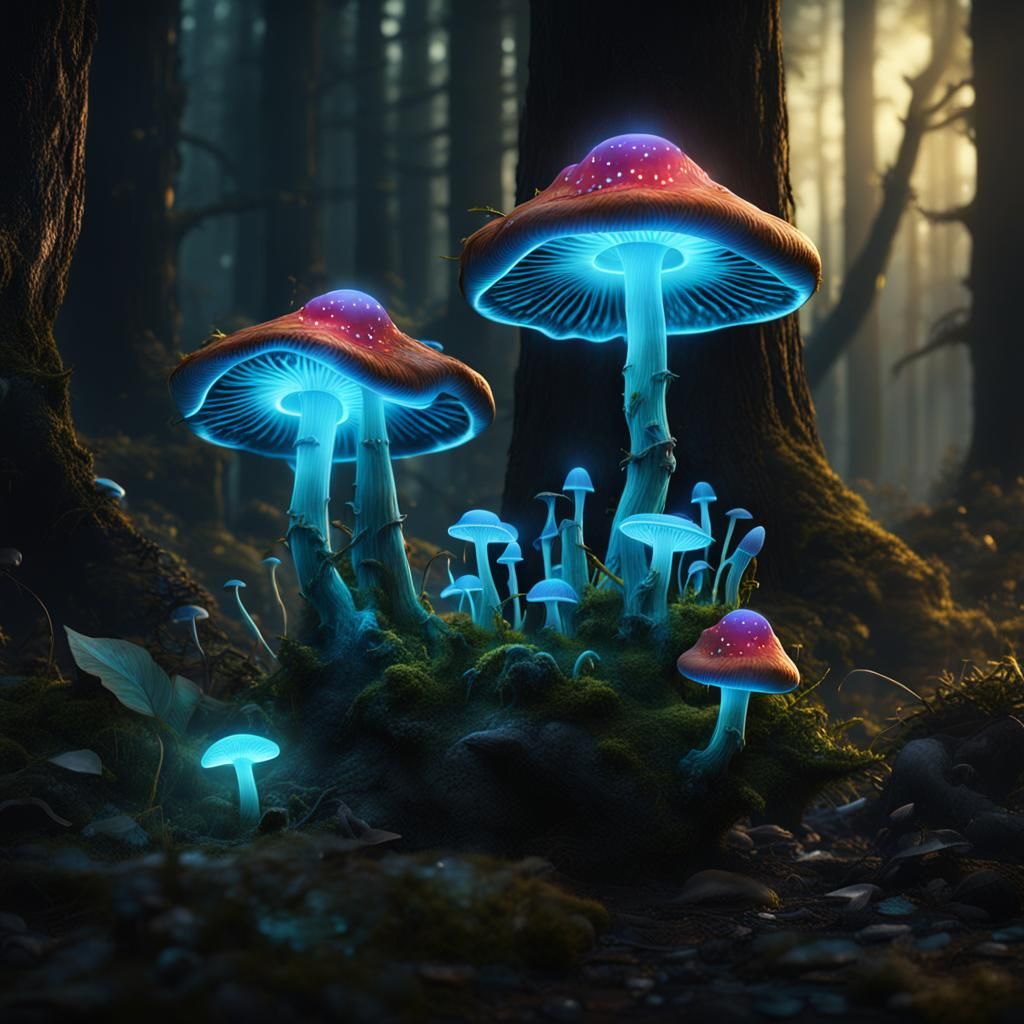 Bioluminescent Mushrooms In The Forest
