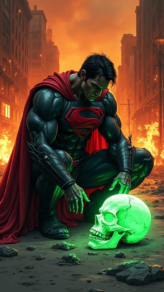 Dark Superman Inspects Glowing Kryptonite Skull in Burning C...