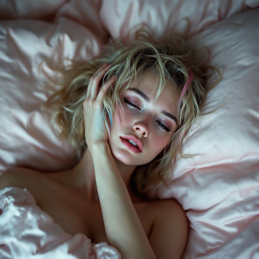 Bedraggled Blonde Woman in Luxurious Bed