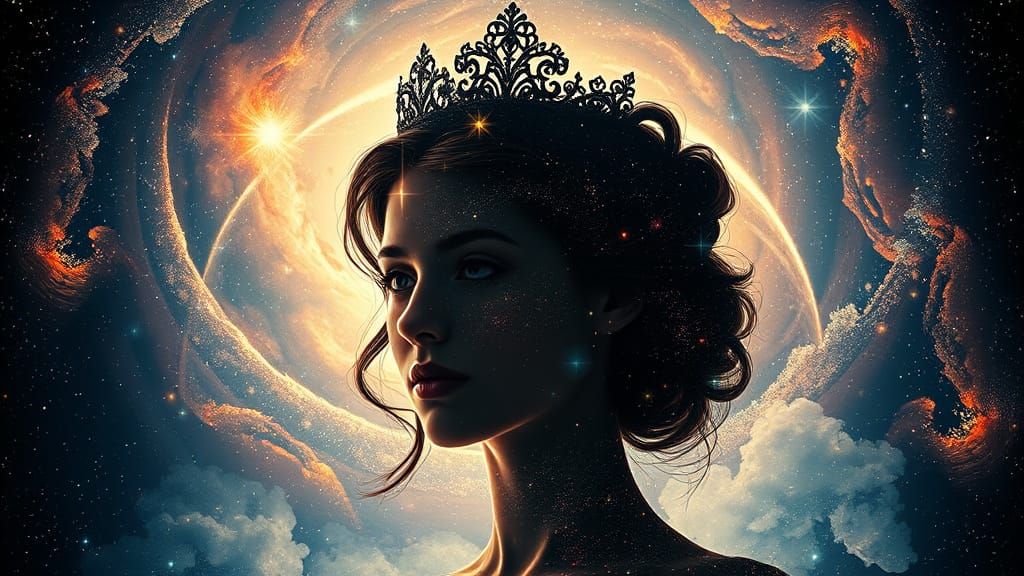 Surreal Princess Transcends Cosmic Vortex in Double Exposure