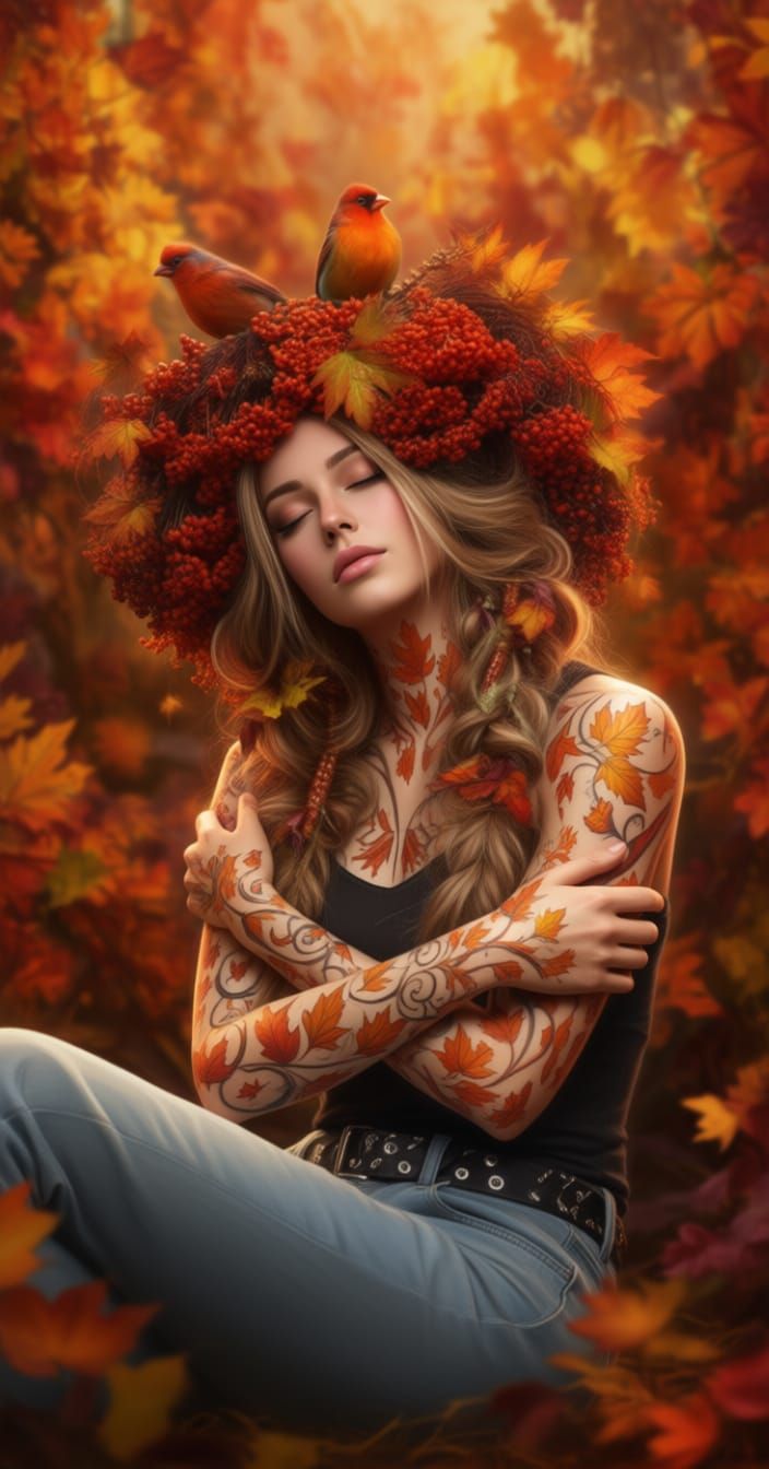 Young Woman Adorned With Autumn Leaf Tattoos