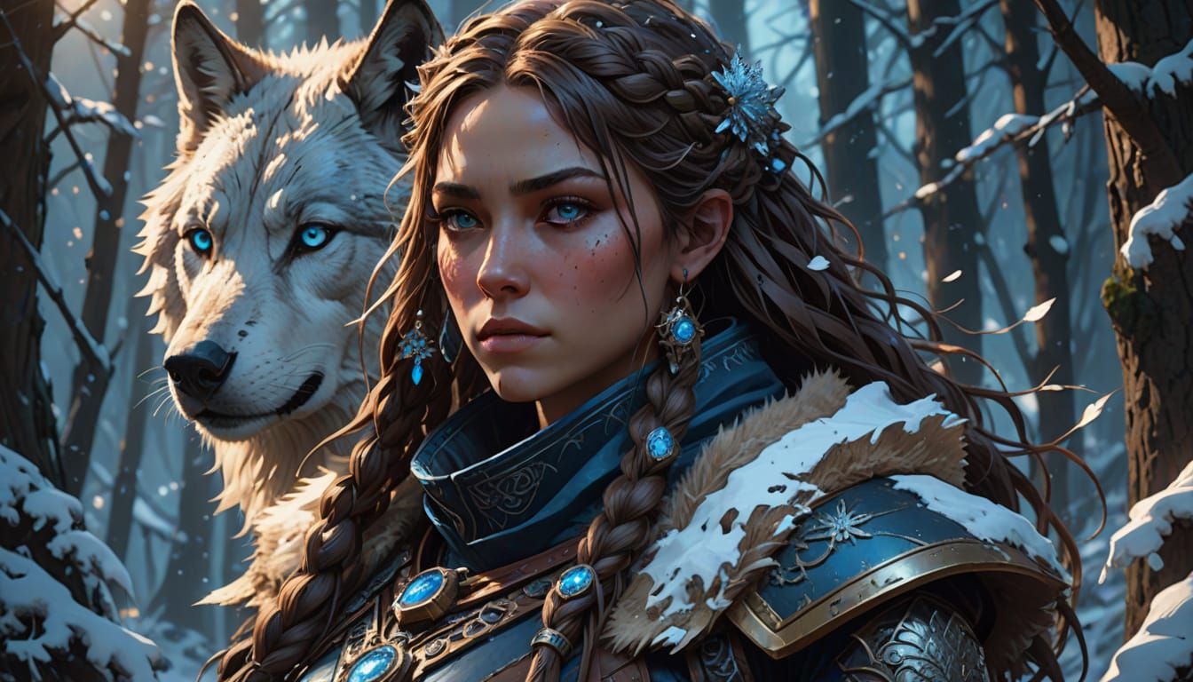 Warrior Girl with Wolf Pup in Winter Forest