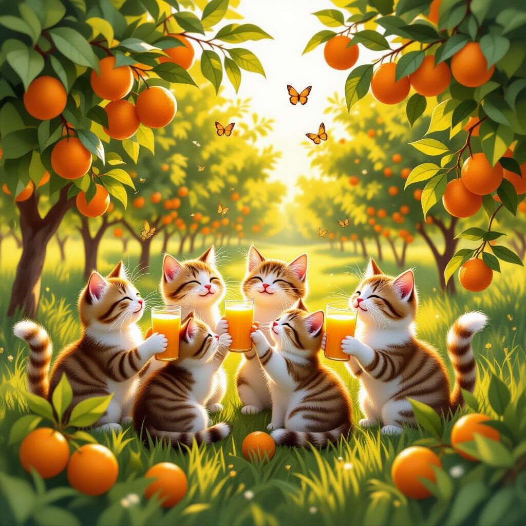 Cats Enjoying Orange Juice in a Sunny Grove