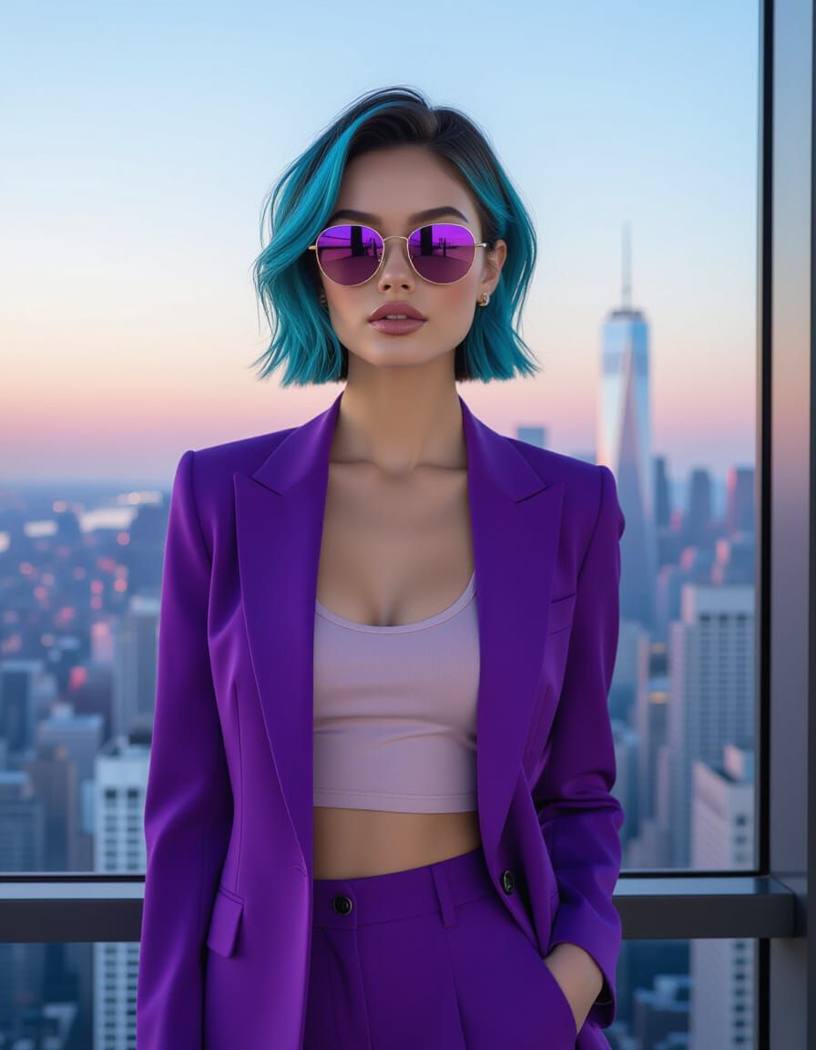 Cyan-Haired Girl in Purple Suit Photo