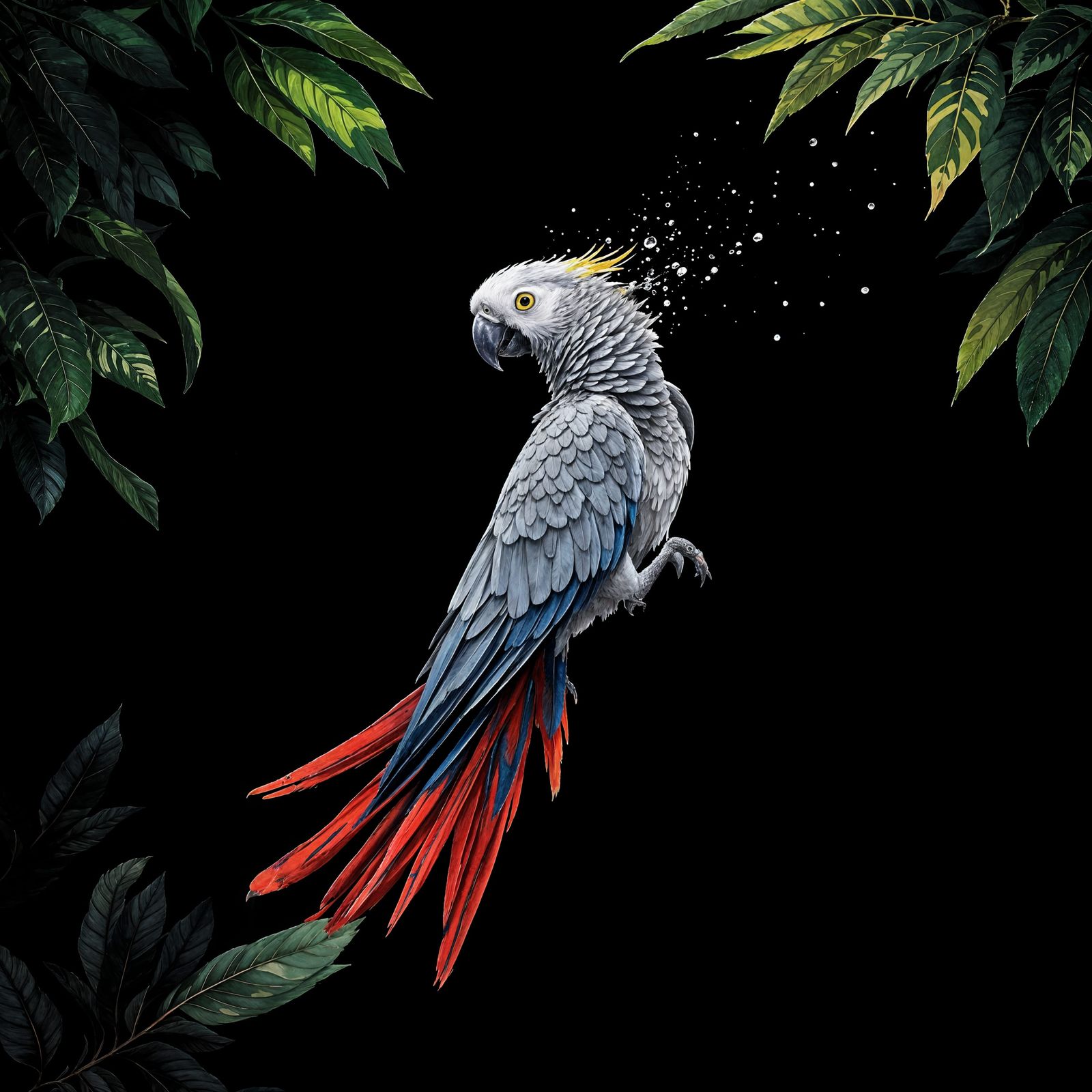 Grey Parrot in Dynamic Dance Pose - Mixed Media Artwork