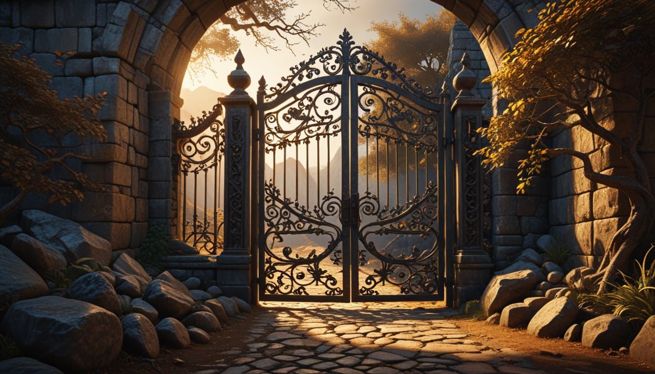 Ancient Iron Gate in Golden Light, Digital Art