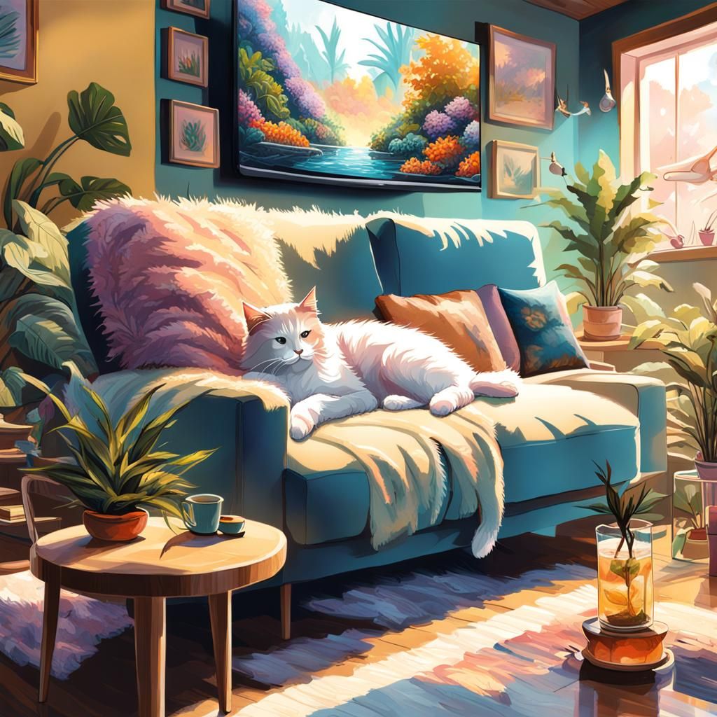 Cozy Living Room with Woman, Cat, and Plants