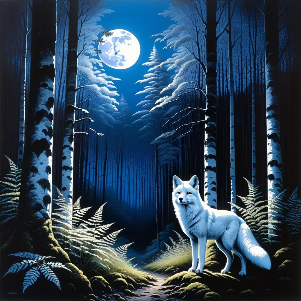 White Fox in Birchwood Forest with Blue Lighting
