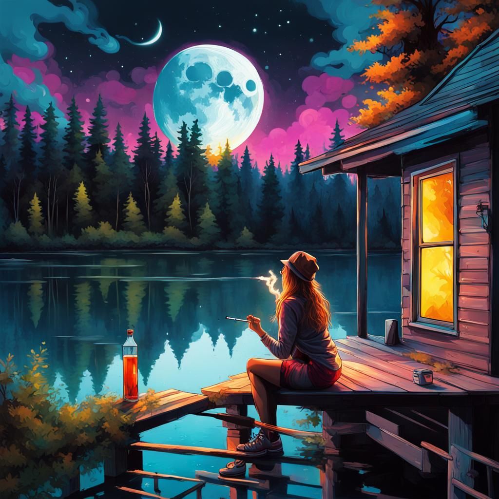 Woman Observes Moonlit Lake: Graffiti Art Style