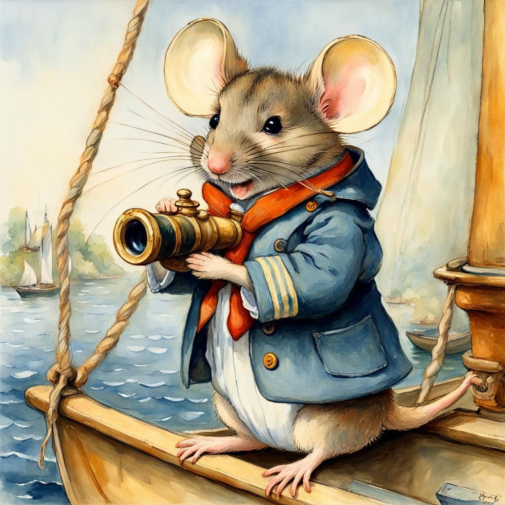 Mouse Sailor on Sailboat, Cute Illustration